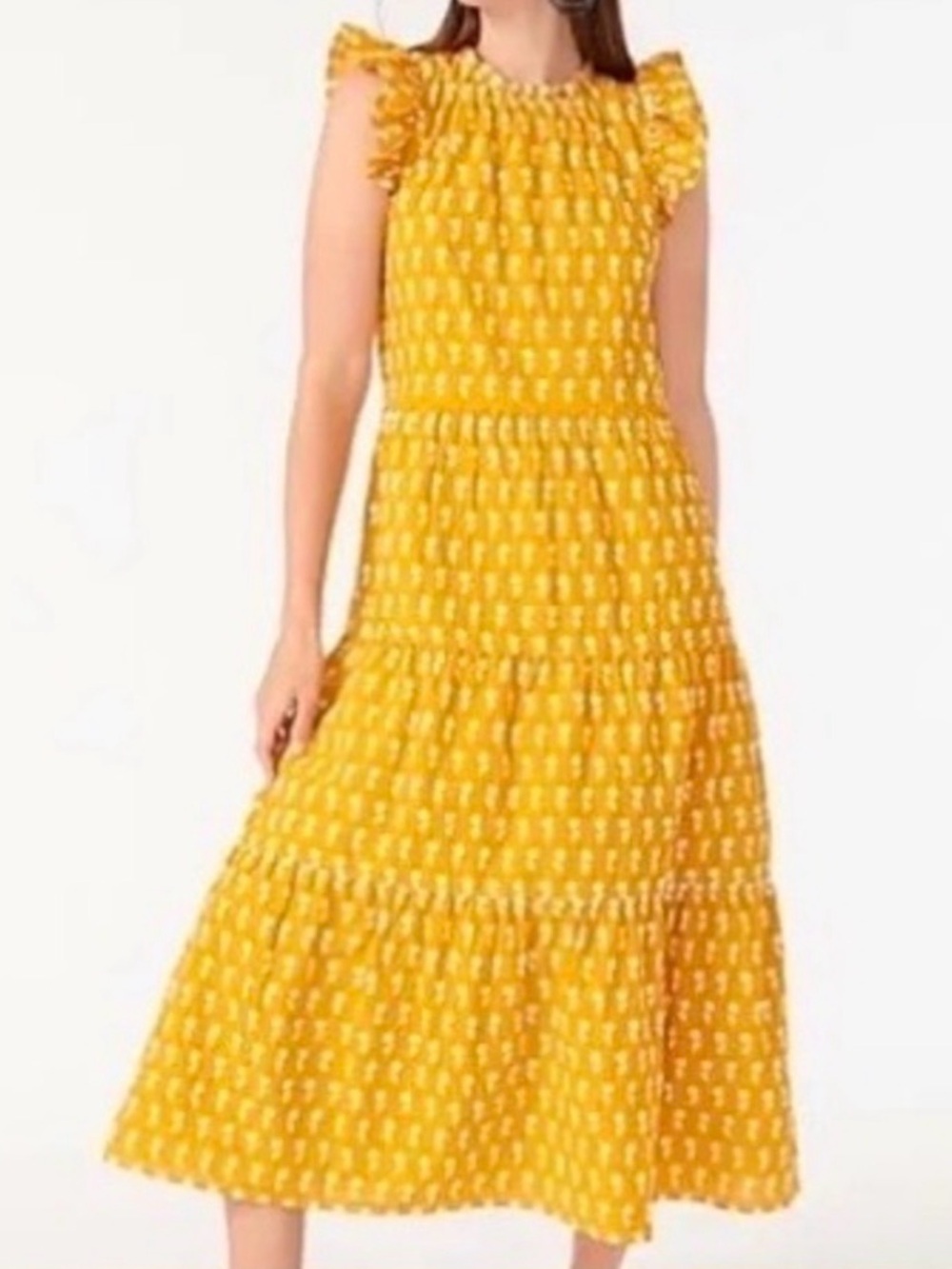 J Crew Saffron Yellow Floral Embroidered Tiered Cotton Midi Dress